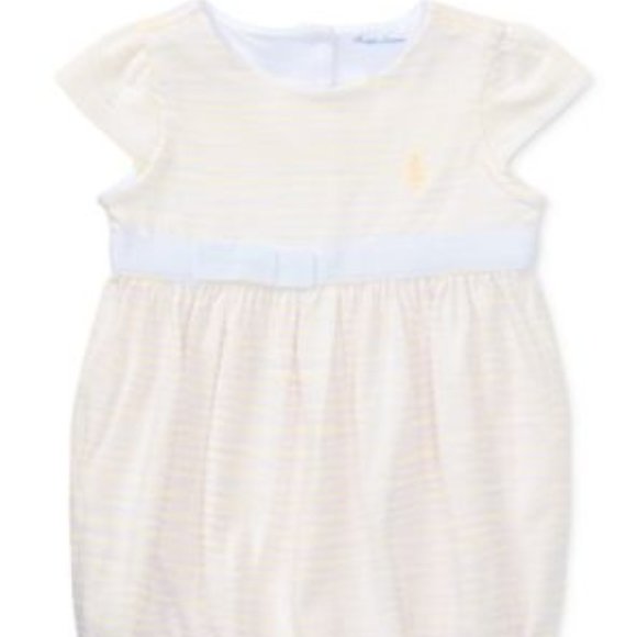 Polo Striped Bubble Romper Pink and White with Bow - Picture 1 of 7